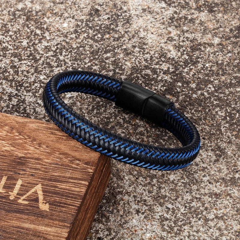 MKENDN Trendy Men Blue Braided Leather Rope Bracelet Black Magnetic Buckle Bracelets Punk Rock Men Wristband Pulsera Hombre