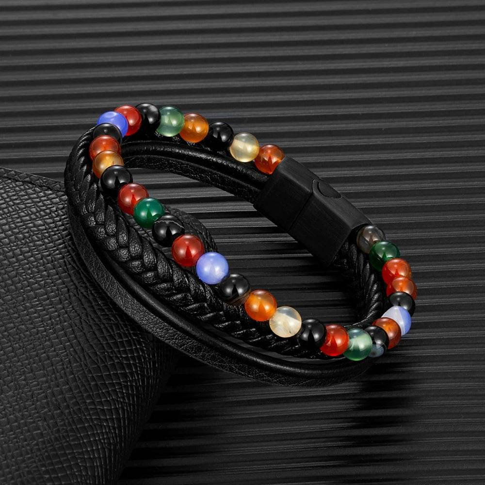 MKENDN Fashion Multilayer Leather Bracelet Men 7 Chakra Colorful Beads Bracelets Stainless Steel Magnetic Clasp Jewelry Gifts