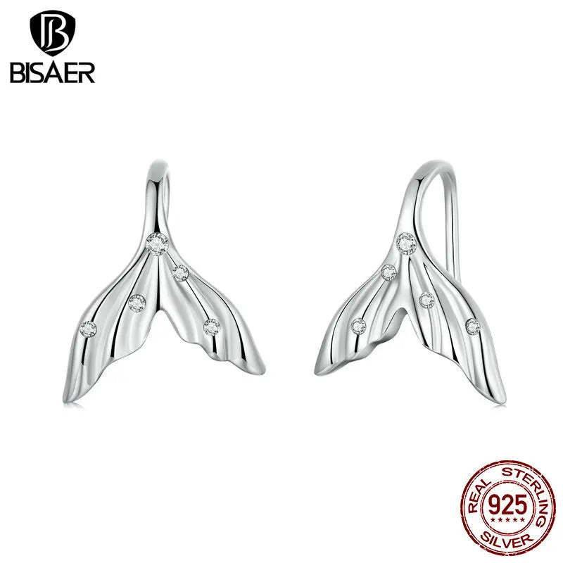 BISAER Real 925 Sterling Silver Mermaid Tail Stud Earrings Sparkling Zircon Stud Ear For Woman Party Fine Jewelry Holiday Gifts