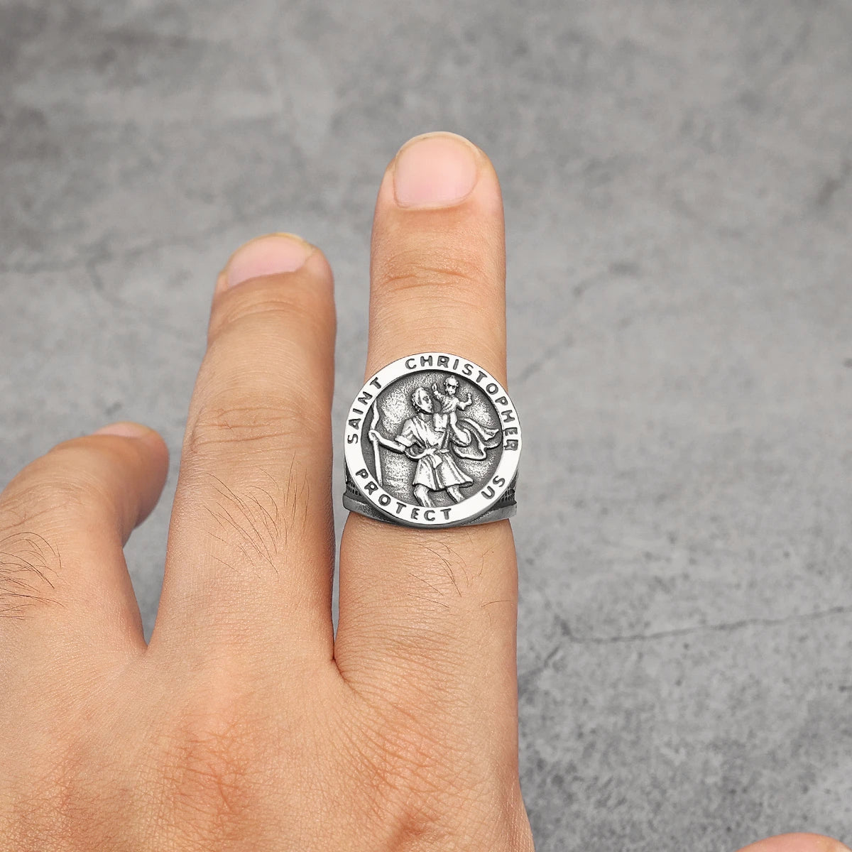 St Christopher Rings 316L Stainless Steel Men Patron Saint Cross Ring Traveler Amulet Punk Rock for Male Rider Jewelry Best Gift