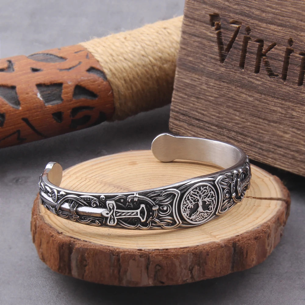 Viking Talisman Health Bracelets Tree Of Life Luck Knot Runes Trinity Magnetic Cuff Bangles Women Men Adjustable Bracelet