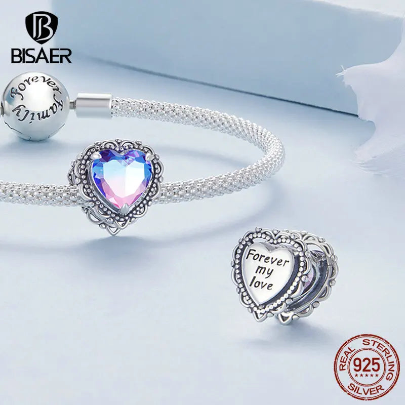 BISAER 925 Sterling Silver Vintage Purple Heart Gradient Charm Bead Fit Original Female Bracelet & Necklace DIY Fine Jewelry