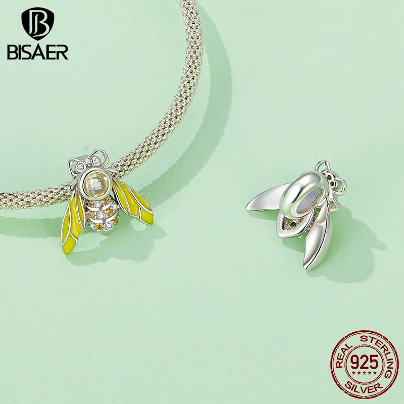 BISAER 100% 925 Sterling Vintage Leaf Charm Bead Heart-Shaped Butterfly Pendant Fit Women DIY Bracelet Fine Jewelry ECC2576