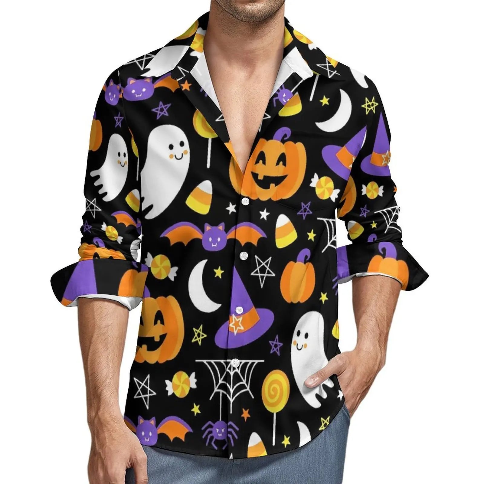 Happy Haunts Casual Shirts Halloween Katze Geist Retro Shirt Frühling Y2K Lustige Oversize Bluse Männer Langarm Grafik Kleidung Geschenk