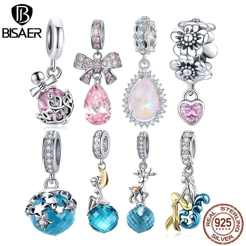 BISAER 925 Sterling Silver Pink Blue Glass Pendant Bow Beads Charm Plated Platinum for Necklace & Bracelet DIY Fine Jewelry Gift