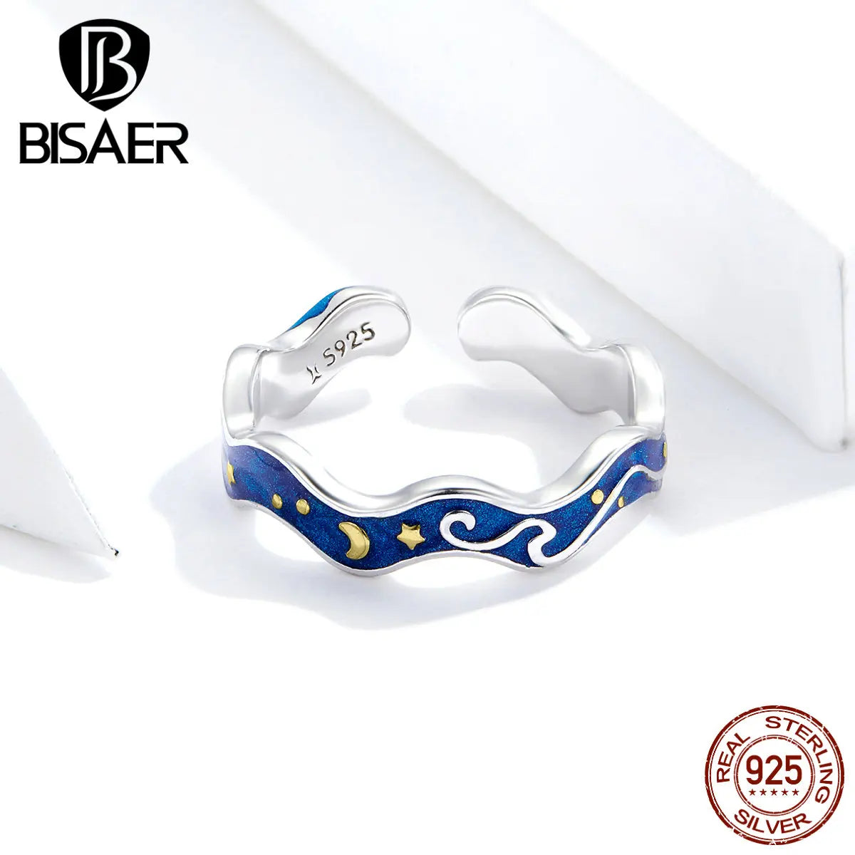 BISAER 925 Sterling Silver Blue Starry Sky of Van Gogh Ring for Couple Lover Open Finger Band Design Jewelry Accessories ECR608