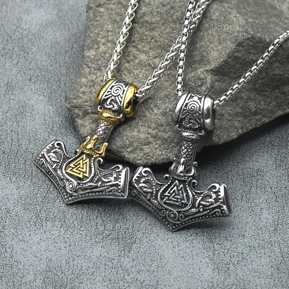 Norse Rune Viking Valknut Pendant Necklace Men Vintage Stainless Steel Mjolnir Thor's Hammer Talisman Jewelry