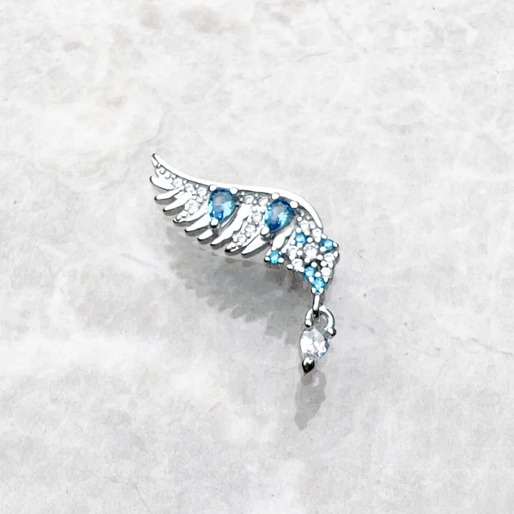 Phoenix Wing with Blue Stones Ear Studs Europe Fine Jewerly For Women Bohemia Gift In Solid 925 Sterling Silver