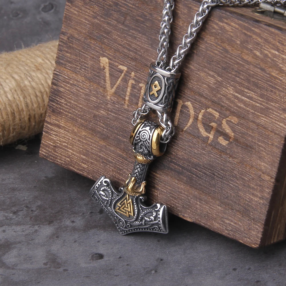 Fashion Valknut Viking Thor's Hammer Pendant Necklace With keel Chain As Men Gift with wooden box