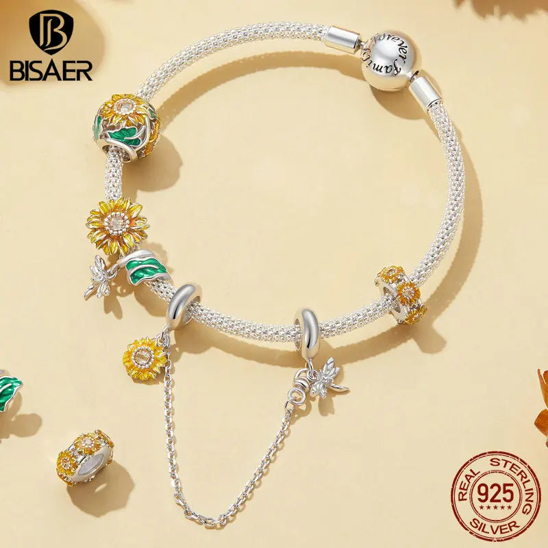 BISAER - Colgante de plata de ley 925 con forma de girasol y colgante de flor con forma de libélula, cadena de seguridad chapada en platino, pulsera elegante para mujer