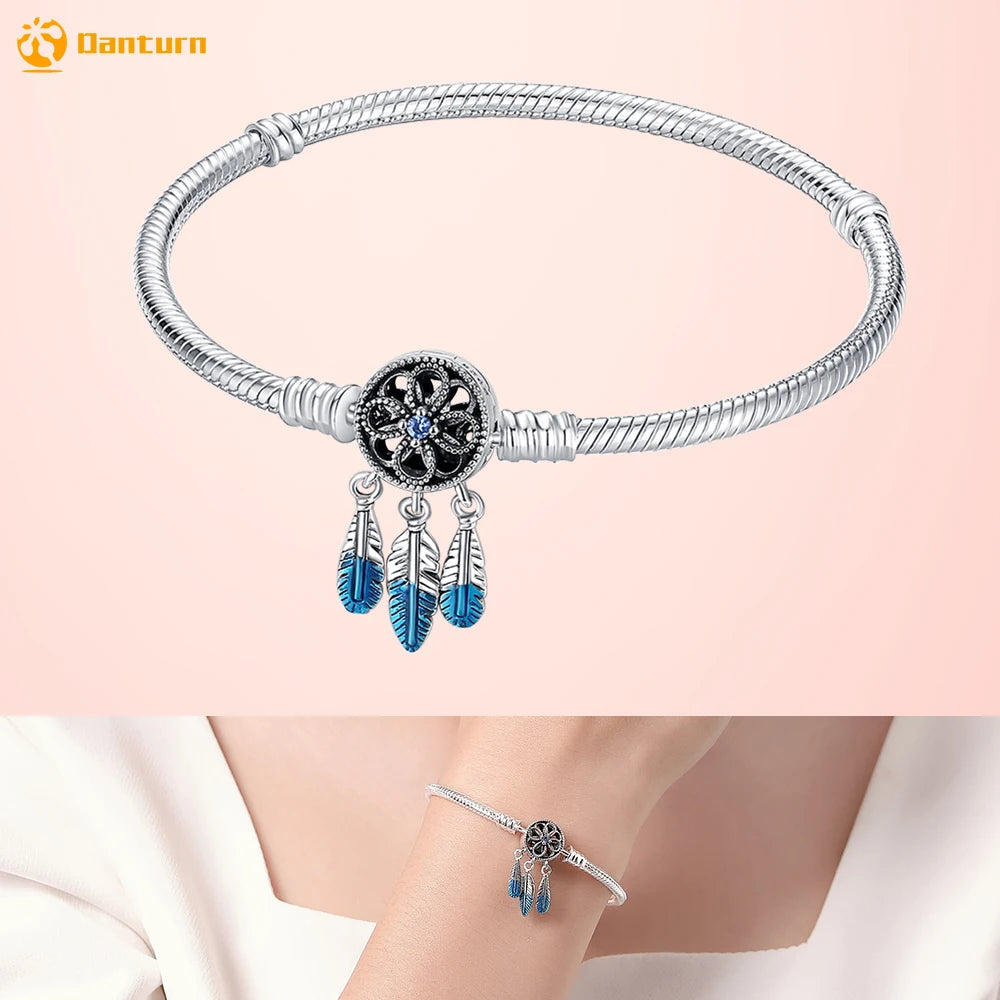 Danturn 925 Silver Heart Infinity Wishbone Heart Blue Disc Fan Clasp Heart T-Bar Multi Snake Chain Bracelets