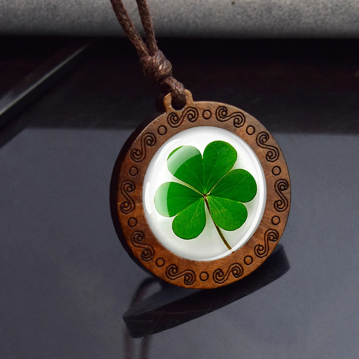 Four Leaf Clover Glass Dome Wooden Pendant Necklace Rope Chain Necklace Retro Jewelry St.Patrick's Day Gift