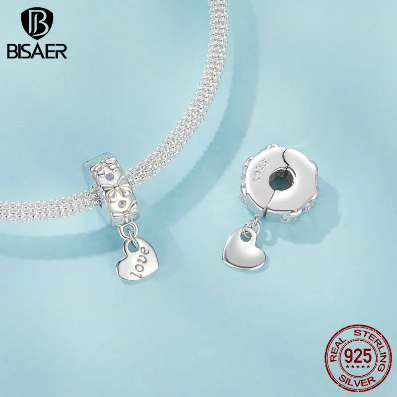 BISAER 925 Sterling Silver Guardian Angel Charm Bead Tulip Heart Key Bow Stopper Pendant Fit Women DIY Bracelet Jewelry Gift