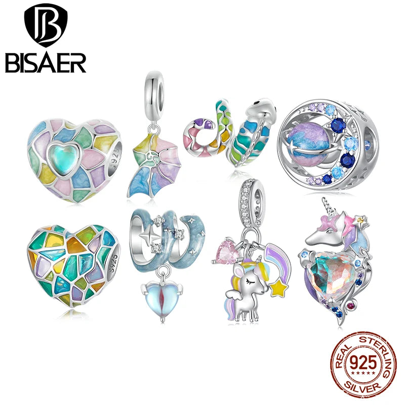 BISAER 925 Sterling Silver Rainbow Heart Charm Bead Conch Chameleon Unicorn Pendant For Women DIY Bracelet Fine Jewelry ECC2708