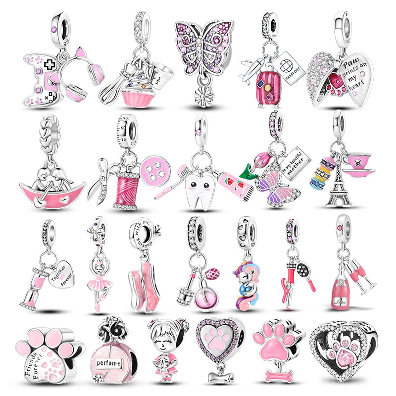 Pink Color Series Charms Pendant Lovely Dangle Pink Perfume Bottle Charm Beads Fit Pandora Bracelet Necklace 925 Silver Jewelry