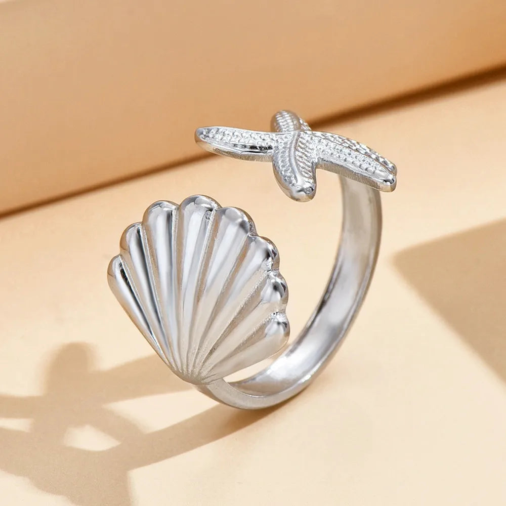 Fashion Starfish Shell Rings For Women Beach Jewelry Stainless Steel Adjustable Ring Souvenir Gift