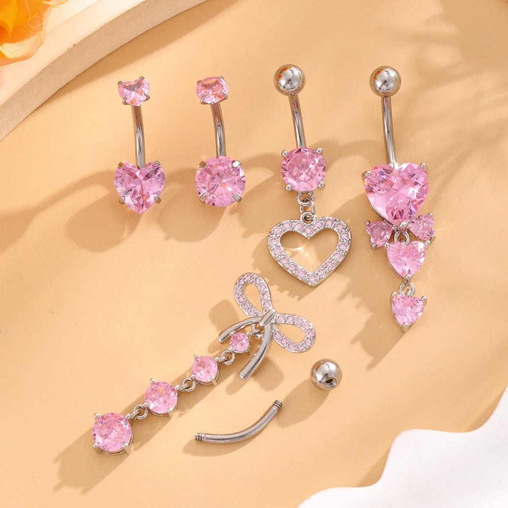 3-5pcs Mixed-Style Sets Heart Flower Dangle Belly Button Rings Stainless Steel Butterfly Curved Zircon Belly Piercing Navel Ring