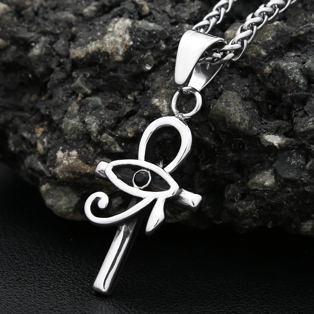 Vintage Stainless Steel Eye of Horus Pendant Necklace Fashion Punk Ankh Cross Necklaces For Men Women Amulet Jewelry Wholesale