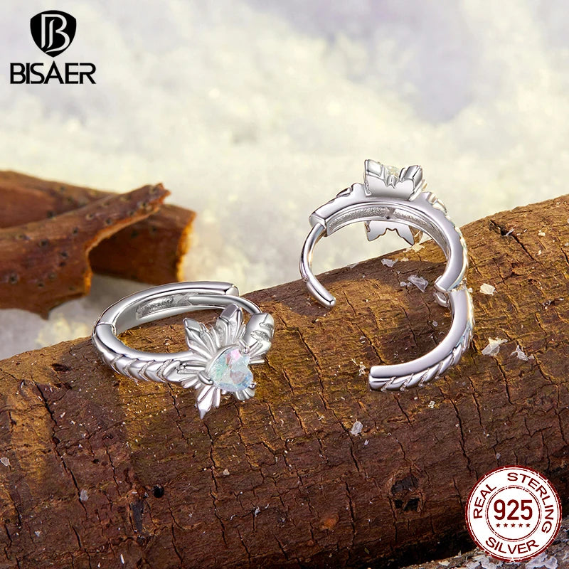 BISAER Real 925 Sterling Silver Ice Flower Hoop Earrings Sparkling Stud Ear For Women Party Original Fine Jewelry Winter Gift