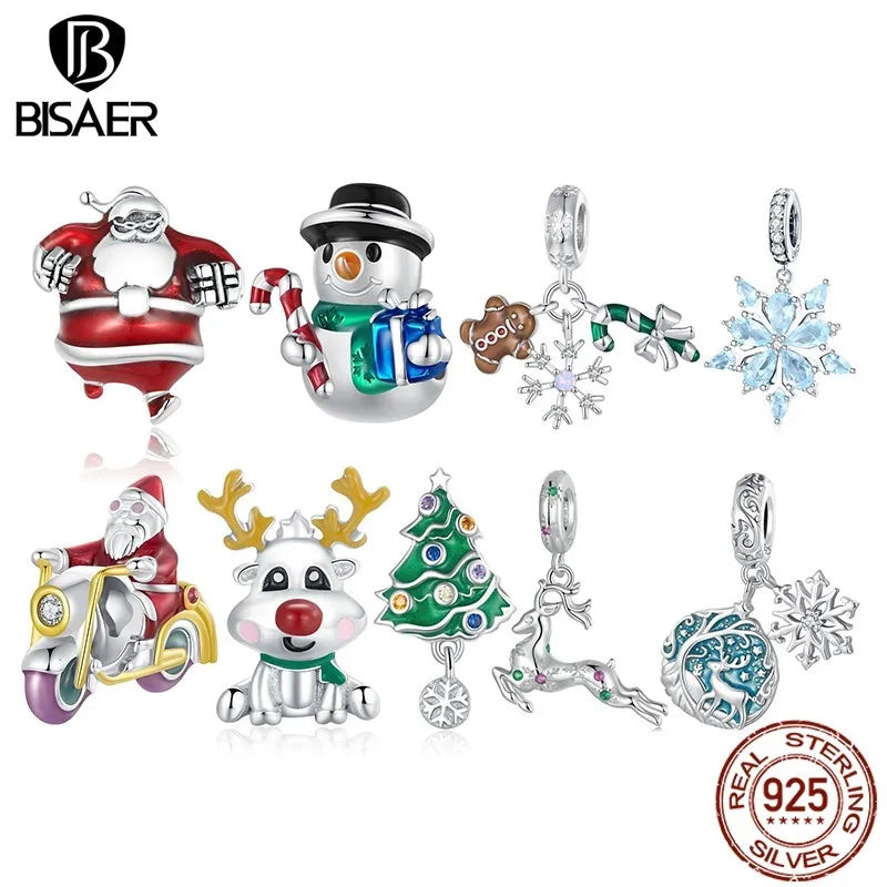 BISAER 925 Sterling Silver Christmas Elk Gingerbread Man Santa Charm Beads Xmas Tree Bell Reindeer Pendant Fit DIY Bracelet