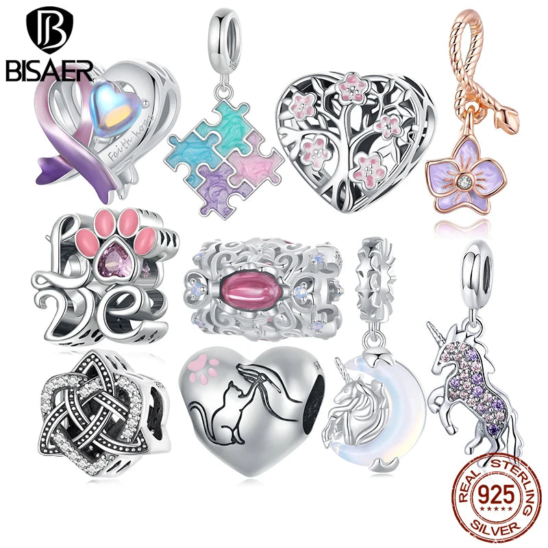 BISAER - Colgante de plata de ley 100 % 925 con forma de corazón y lazo rosa, con forma de luna y unicornio, para mujer, pulsera artesanal, joyería fina, ECC2695