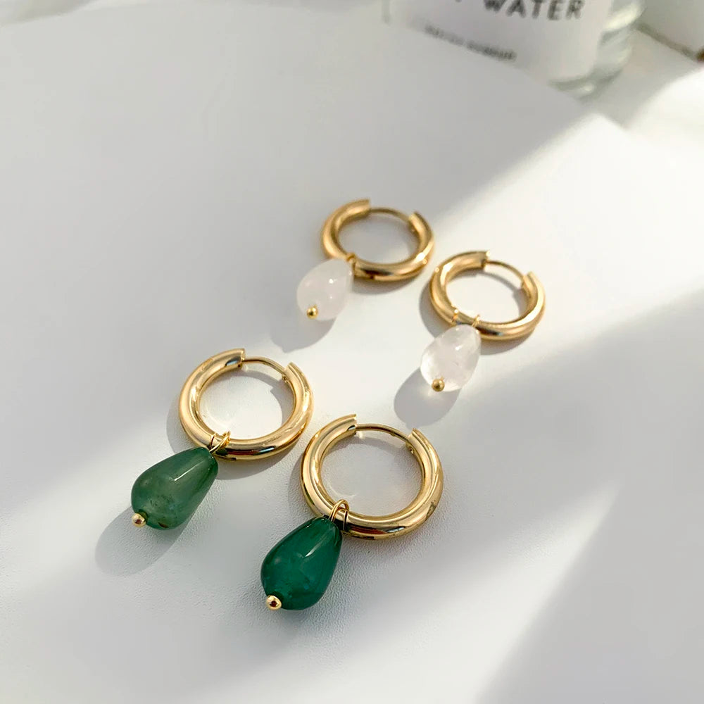 Golden plated Stainless Steel Circle Huggie Earring with Teardrop Green Natural Stone Hoop Earrings for Women Jewelry Wholesale