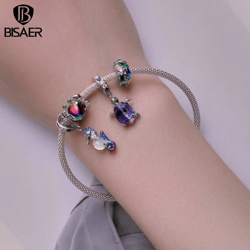 BISAER 925 - Colgante de plata de ley con forma de tortuga y caballito de mar con cuentas de cangrejo y animales marinos de ensueño para mujer, pulsera, collar, joyería