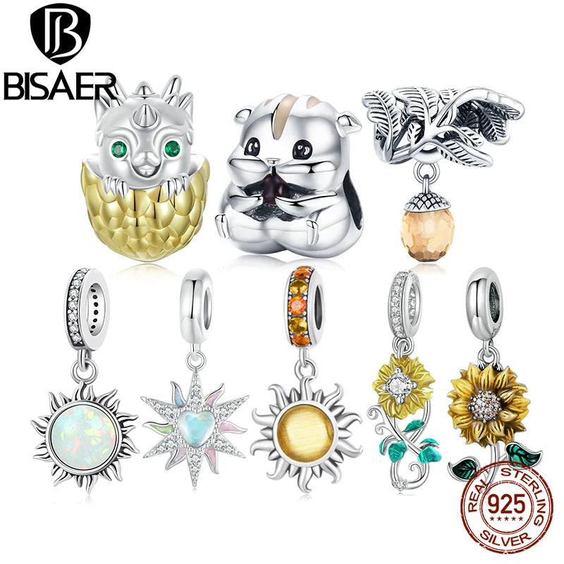 BISAER 925 Sterling Silver Dragon Egg Charms Beads Colorful Sunshine Sunflower Pendant for Lucky Woman DIY Bracelets Jewelry