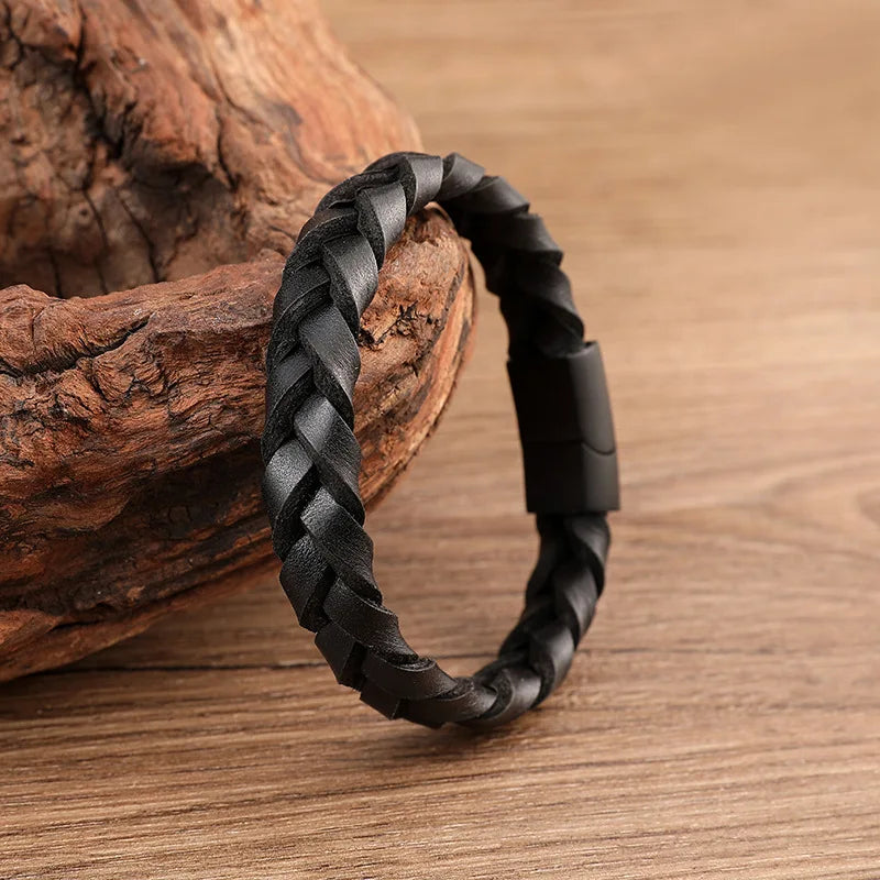 MKENDN Simple Style Brushed Black Stainless Steel Charm Men Bracelet Leather Genuine Braided Punk Rock Bangles Jewelry Gifts