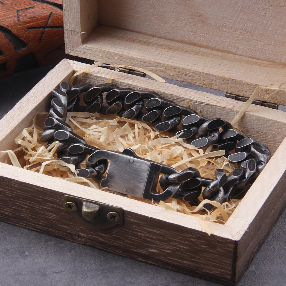 Pulsera vintage negra para hombre, de acero inoxidable, con cadena de eslabones cubanos, estilo hip hop, hecha a mano, joyería al por mayor con caja como regalo para hombre