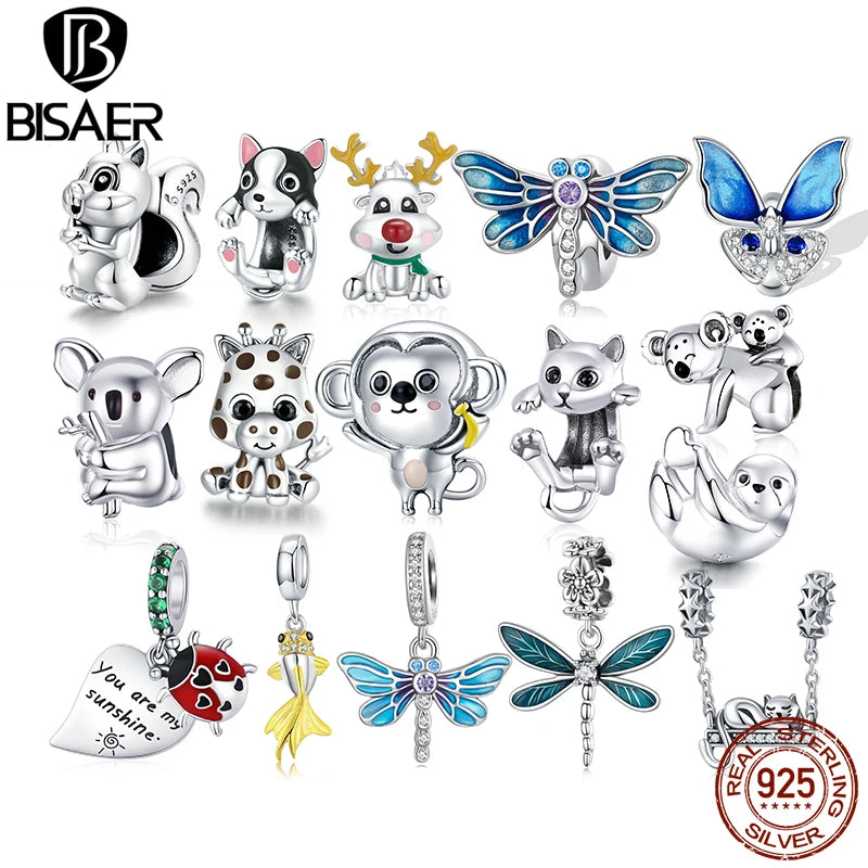 BISAER 925 Sterling Silber Tier Charms Perlen Giraffe Zebra Einhorn Koala Anhänger für Frauen DIY Armbänder Halskette Edlen Schmuck