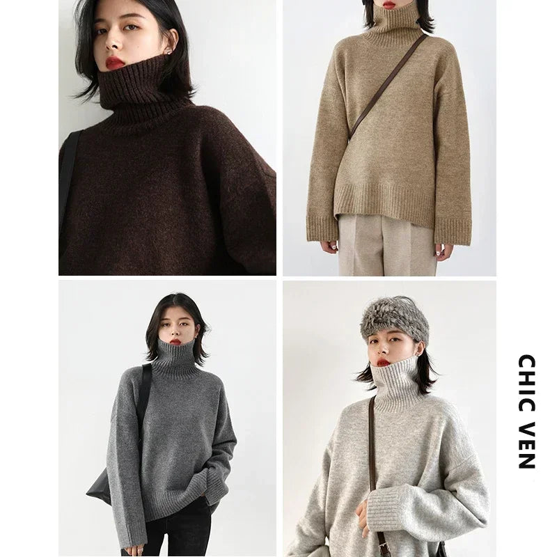 CHIC VEN Korean Women's Sweater Loose Turtleneck Sweaters Warm Solid Pullover Knitwear Basic Female Tops Autumn Winter 2022