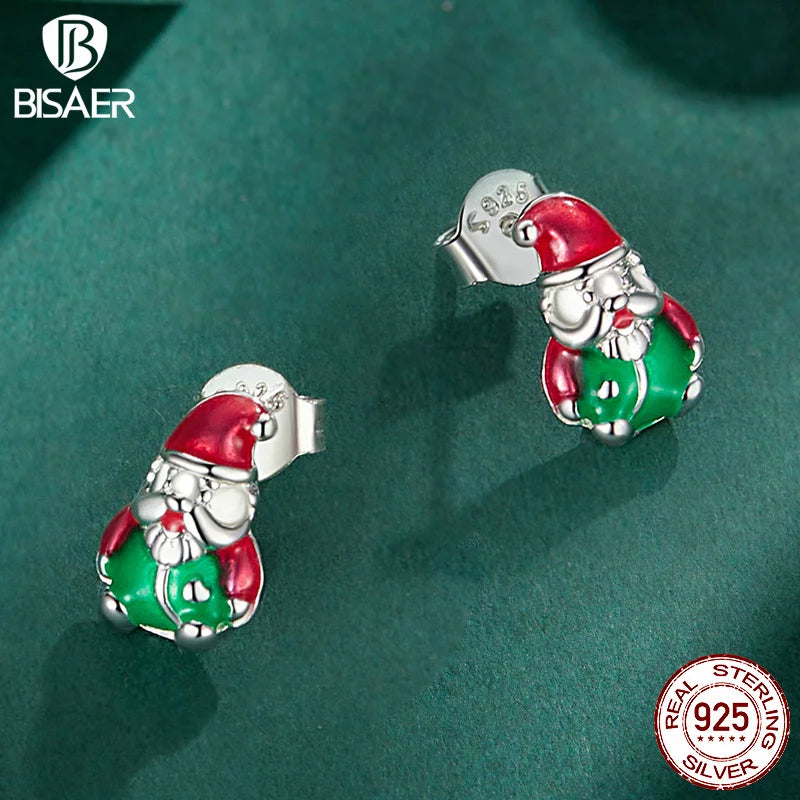 BISAER 925 Sterling Silver Luminous Santa Claus Stud Earrings Enamel Process for Women Christmas Fine Jewelry Gift EFE918