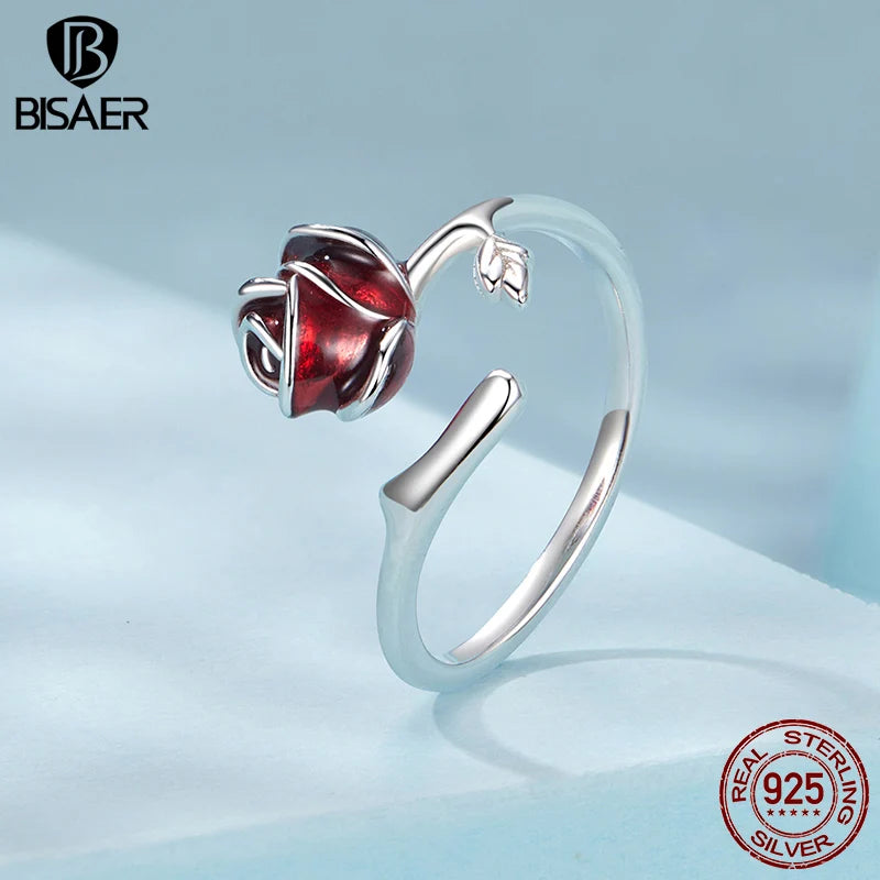 BISAER 925 Sterling Silver Red Rose Open Ring Enamel Process Adjustable Band Plated White Gold for Women Party Fine Jewelry Gift