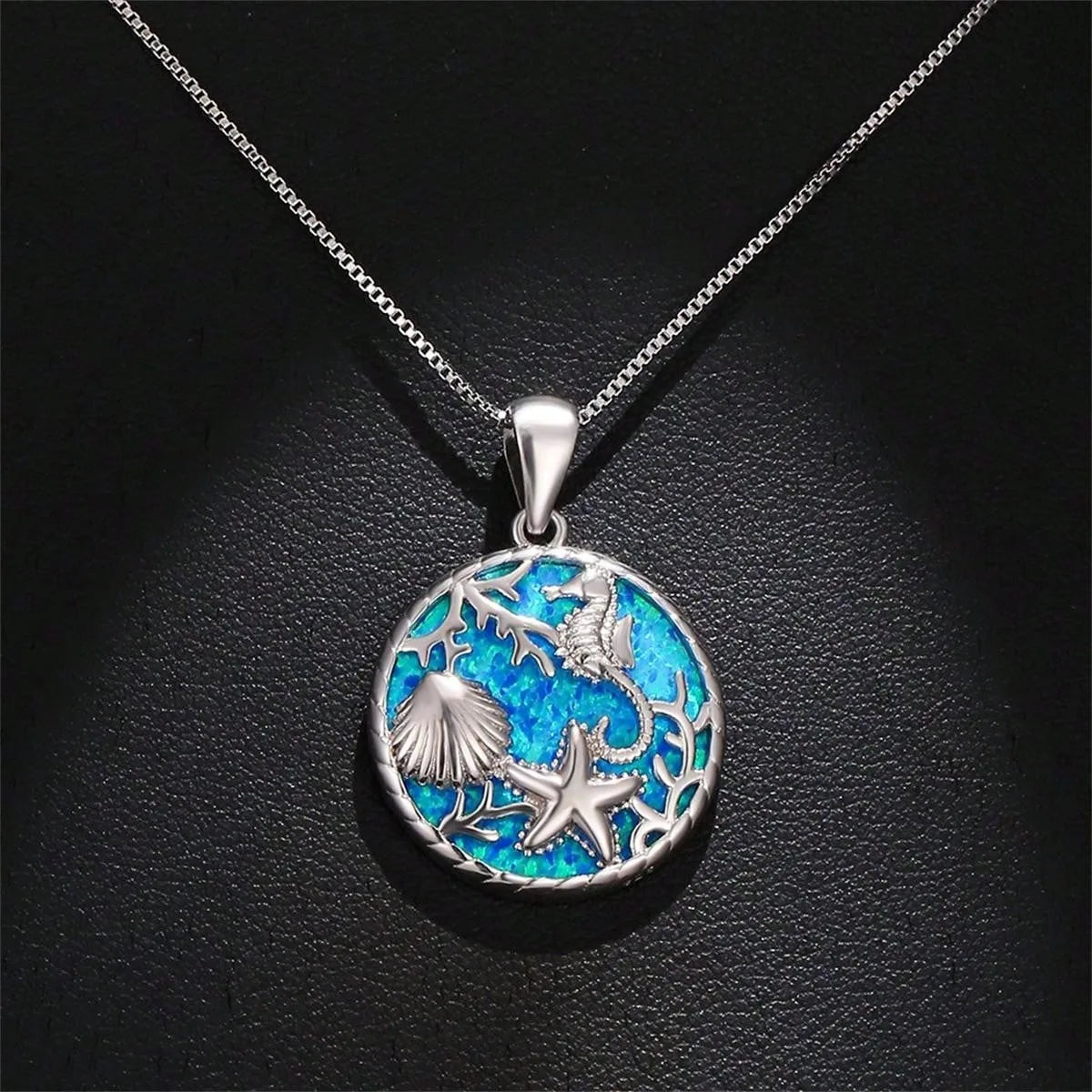 Fashion Cute Seahorse Sea Star Shell Pendant Necklace Inlay Imitation Blue Opal Pendant Necklace for Women Wedding Party Jewelry