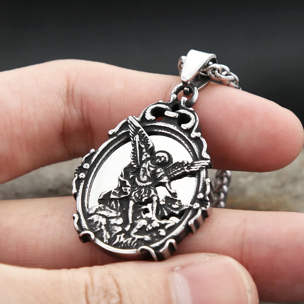 Gothic Vintage Stainless Steel Patron Mirror With Saint Michael Pendant Necklace For Men Women Fashion Cool Jewelry Dropshipping