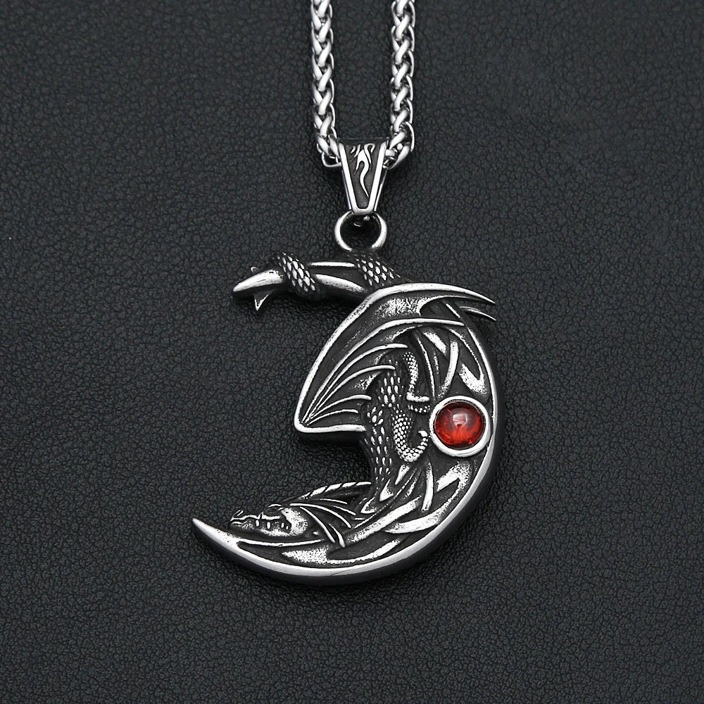 New Vintage Sleeping Dragon On Moon Pendant For Men Women Stainless Steel Natural Stones Necklace Fashion Party Jewelry Gifts