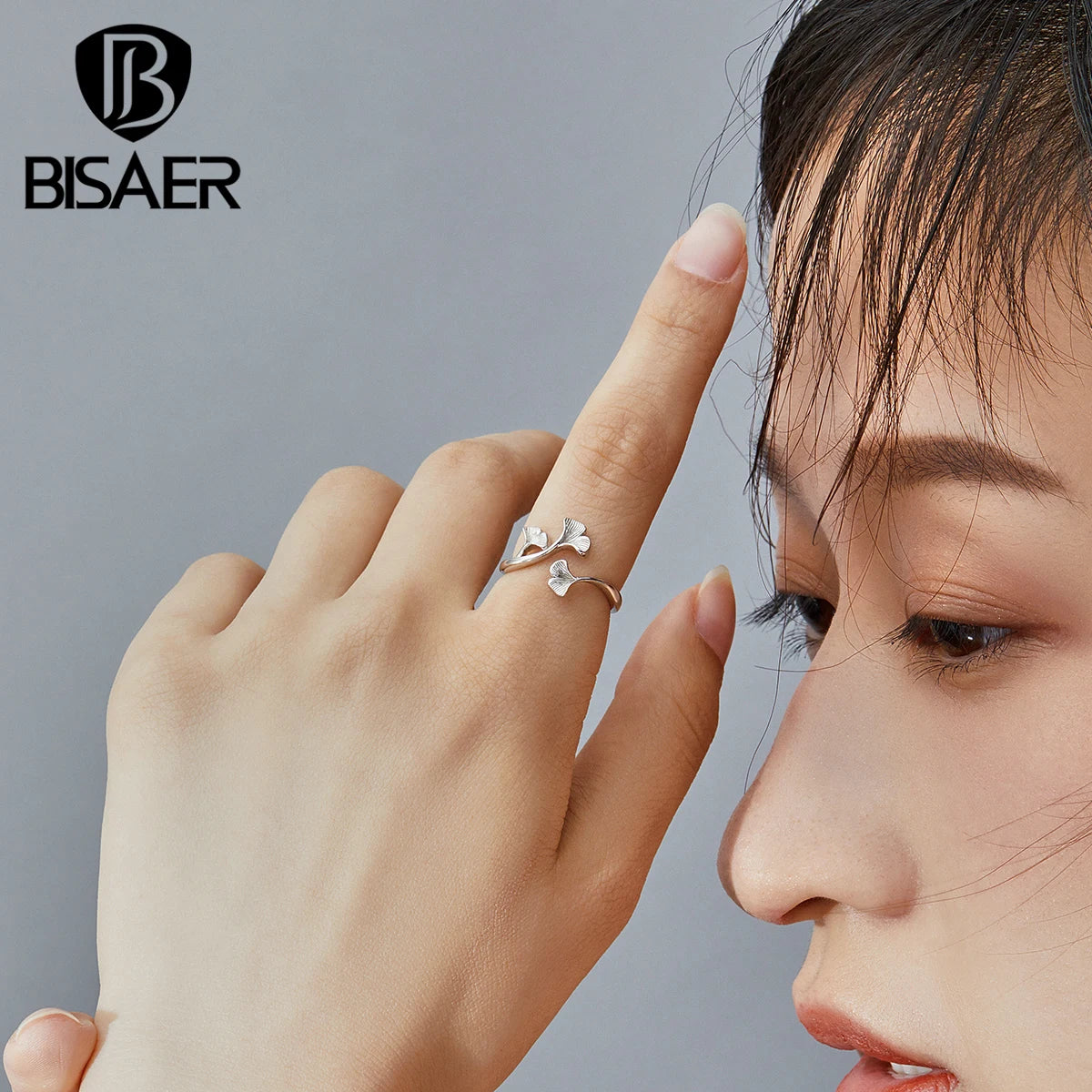 BISAER 925 Sterling Silver Ginkgo Leaf Ring Stud Earrings Necklace 14K Gold Plated for Elegant Women Party Fine Jewelry Set Gift