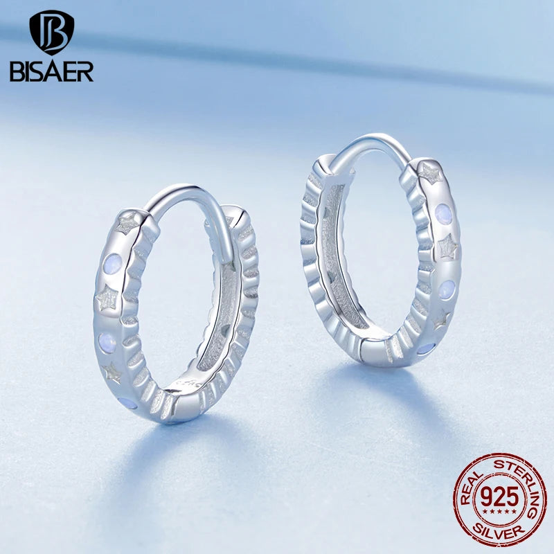 BISAER Real 925 Sterling Silver StarHoop Earrings Blue Opal Stud Earring For Women Party Weeding Fine Jewelry Gift EFE1110