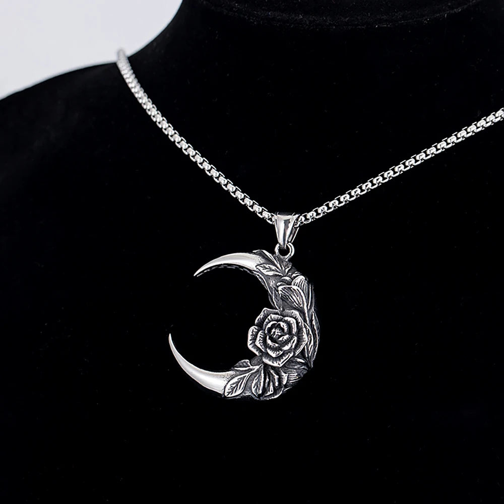 Punk Vintage 316L Edelstahl Mond Und Nacht Anhänger Mit Rose Für Männer Frauen Biker Mode Kreative Schmuck Geschenke Großhandel