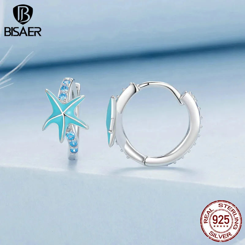 BISAER 925 Sterling Silver Starfish Ear Buckles Blue Zircon Hoop Earrings Platinum Plated for Women Beach Party Fine Jewelry