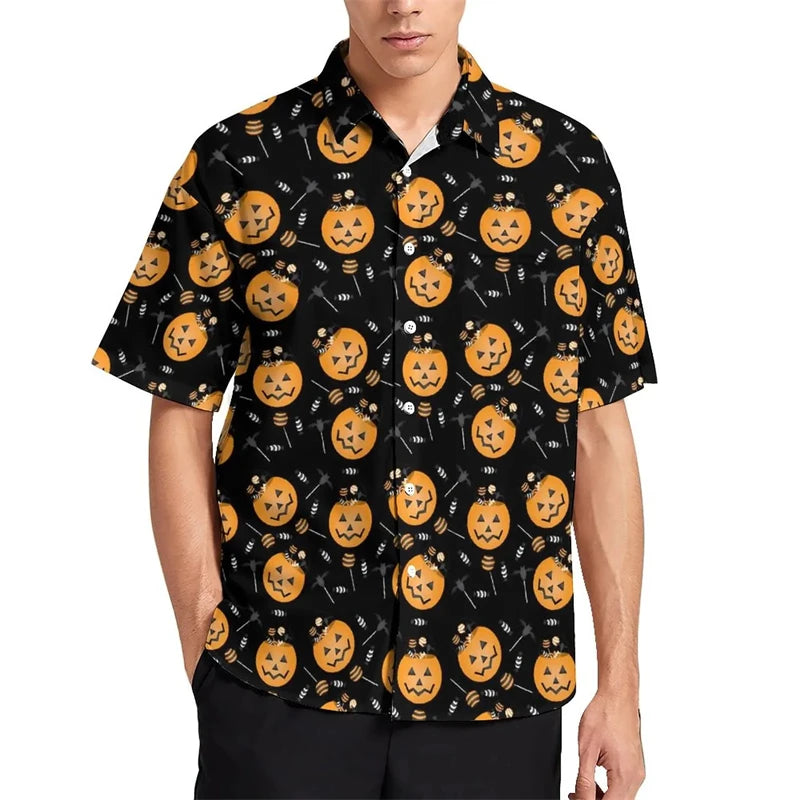 Funny Pumpkin Candy Graphic Blouses Fashion Halloween Gift 3D Printed Beach Shirts Streetwear Boy Short Sleeve Button Male Tops