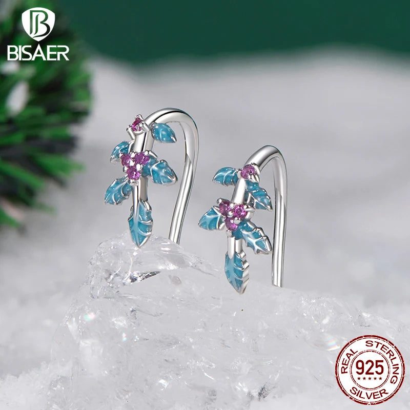 BISAER 925 Sterling Silver Exquisite Holly Stud Earrings Enamel Process Plated White Gold for Women Fine Jewelry Holiday Gift