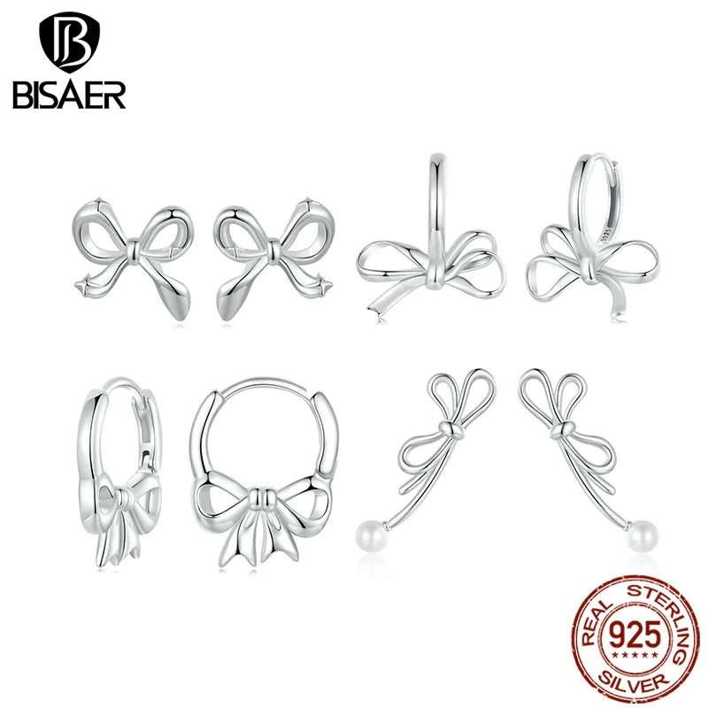 BISAER 925 Sterling Silver Bow-knot Stud Earrings Bow Ear Buckles Classic Hypoallergenic Plated White Gold For Women Jewelry