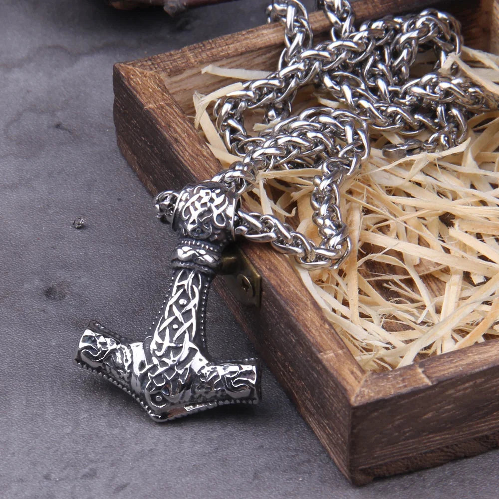 Fashion Valknut Viking Thor's Hammer Pendant Necklace With keel Chain As Men Gift with wooden box