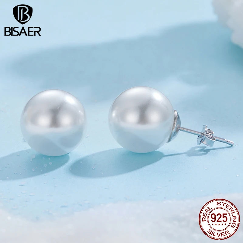 BISAER 100% 925 Sterling Silver Round Pearl Stud Earrings Plated White Gold For Elegant Women Party Original Fine Jewelry Gift