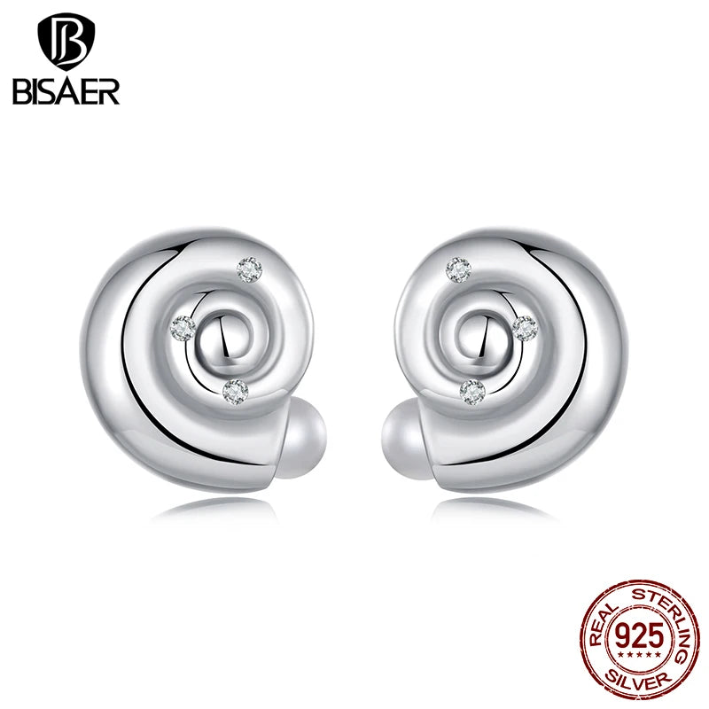 BISAER 925 Sterling Silver Cute Conch Shell Stud Earrings Symbol of Eternity Stud Ear Plated White Gold for Women Fine Jewelry