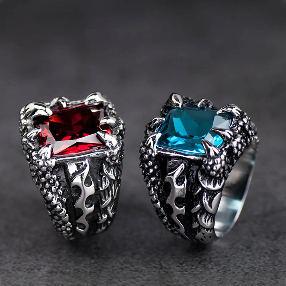 Retro Dragon Claw Blau Schwarz Rot Stein Ring Für Männer Punk Hip Hop Edelstahl Dragon Claw Ring Nachtclub Party Schmuck Geschenk