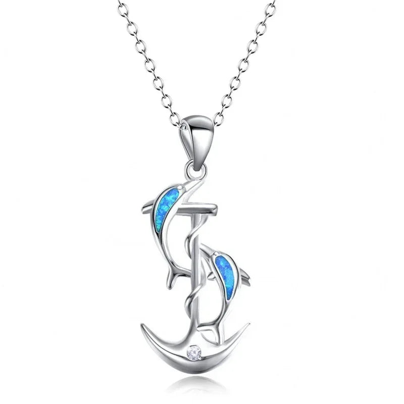 Collier ras du cou en pierre d'opale bleue, simple et mignon, pendentif en chaîne de requin baleine dauphin pour femmes, bijoux personnalisés