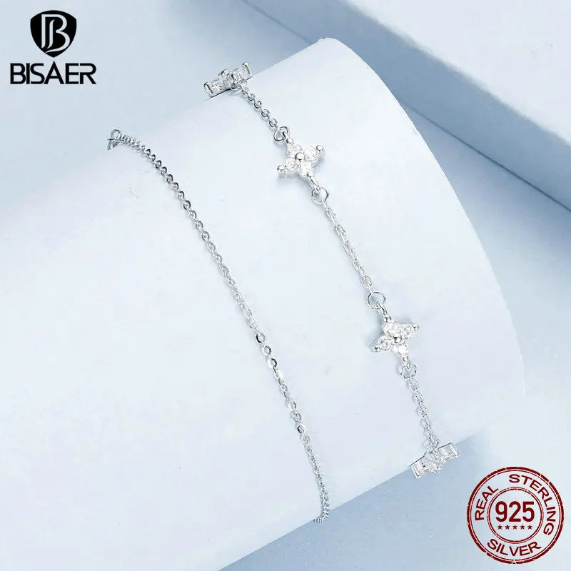 BISAER 925 Sterling Silver Four-Leaf Clover Anklet Simple Shiny Zircon Anklets Plated White Gold For Women Holiday Fine jewelry